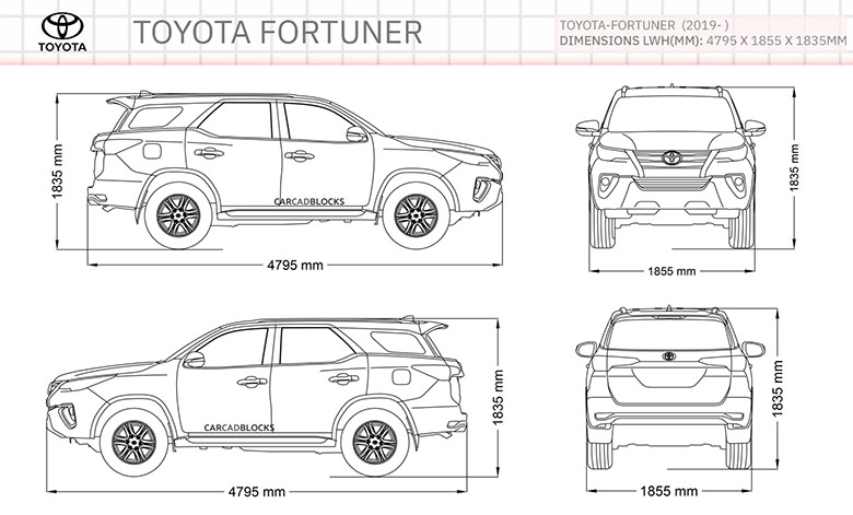 chiều rộng dài cao toyota fortuner