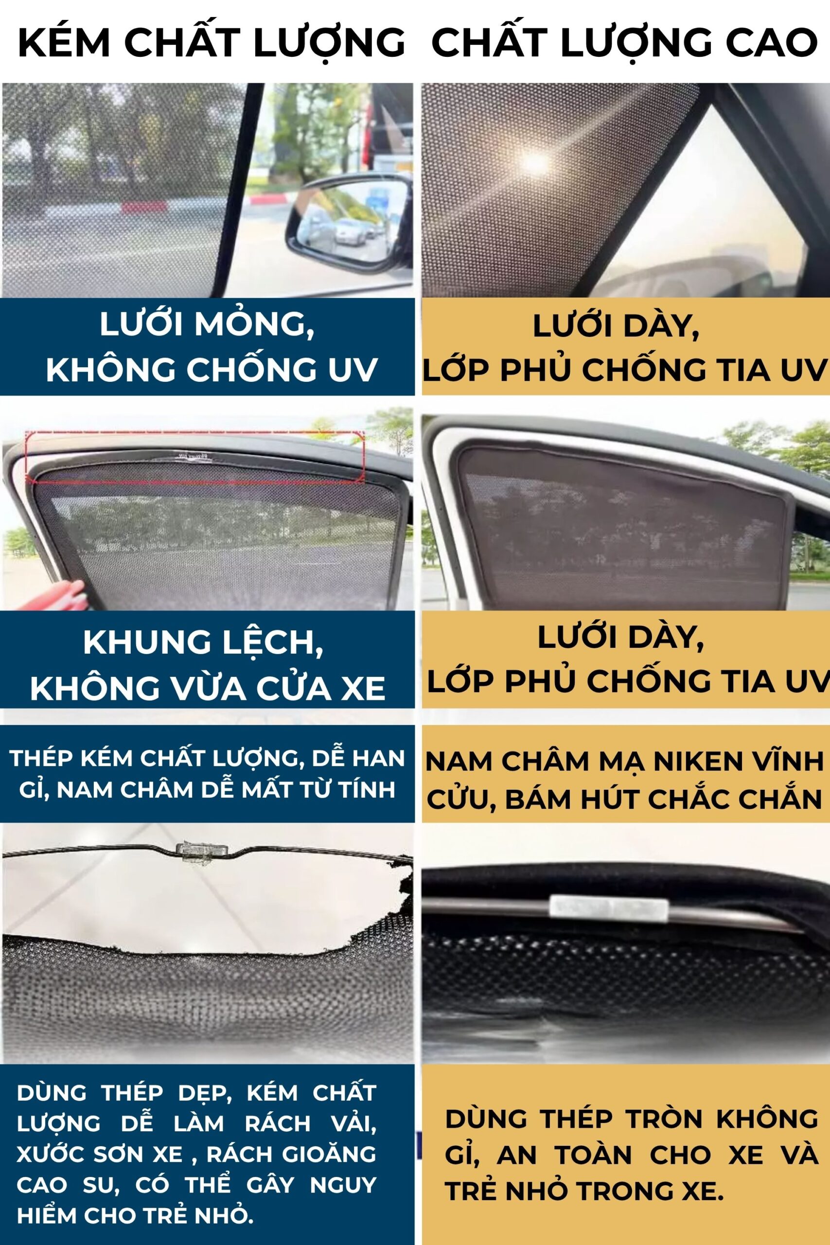 SO SÁNH RÈM CHE Ô TÔ CHẤT LƯỢNG CAO VÀ CHẤT LƯỢNG KÉM